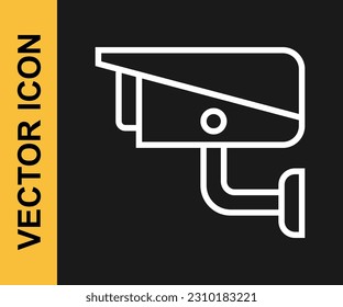 White line Security camera icon isolated on black background.  Vector