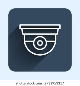 Icono de cámara de seguridad de línea blanca aislado con fondo de sombra larga. Botón cuadrado azul. Vector