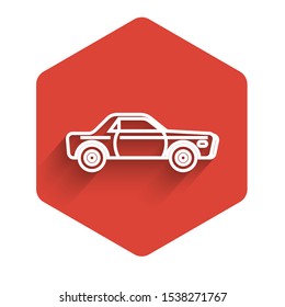 White line Sedan car icon isolated with long shadow. Red hexagon button. Vector Illustration