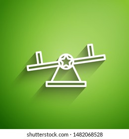 White line Seesaw icon isolated on green background. Teeter equal board. Playground symbol.  Vector Illustration