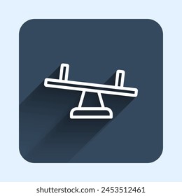 White line Seesaw icon isolated with long shadow background. Teeter equal board. Playground symbol. Blue square button. Vector