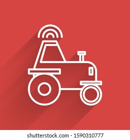 White line Self driving wireless tractor on a smart farm icon isolated with long shadow. Smart agriculture implement element.  Vector Illustration