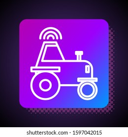 White line Self driving wireless tractor on a smart farm icon isolated on black background. Smart agriculture implement element. Square color button. Vector Illustration
