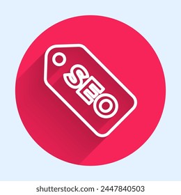 Icono de optimización SEO de línea blanca aislado con sombra larga. Botón de círculo rojo. Vector