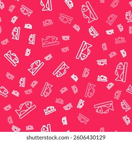 White line Served fish on a plate icon isolated seamless pattern on red background.  Vector