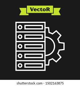 White line Server and gear icon isolated on black background. Adjusting app, service concept, setting options, maintenance, repair, fixing.  Vector Illustration