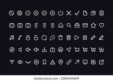 White line set of icons. Simple, abstract big icon sheet. High quality outline icons for web site, mobile app, infographic, etc. Vector icons.