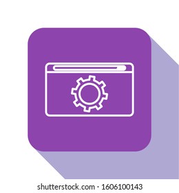 White line Setting icon isolated on white background. Adjusting, service, maintenance, repair, fixing. Purple square button. Vector Illustration