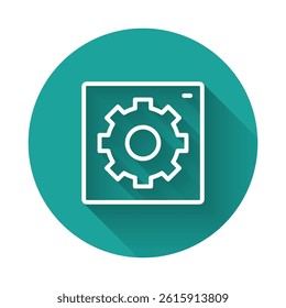 White line Setting icon isolated with long shadow background. Tools, service, cog, gear, cogwheel sign. Green circle button. Vector