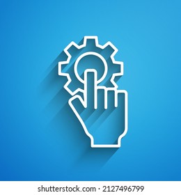 Weiße Zeileneinstellungen in der Hand Symbol einzeln auf blauem Hintergrund. Lang Schatten. Vektorgrafik