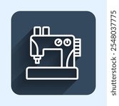 White line Sewing machine icon isolated with long shadow background. Blue square button. Vector