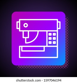White line Sewing machine icon isolated on black background. Square color button. Vector Illustration