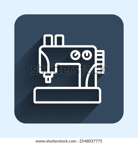 White line Sewing machine icon isolated with long shadow background. Blue square button. Vector