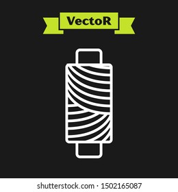 White line Sewing thread on spool icon isolated on black background. Yarn spool. Thread bobbin.  Vector Illustration