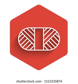 White line Sewing thread on spool icon isolated with long shadow. Yarn spool. Thread bobbin. Red hexagon button. Vector Illustration