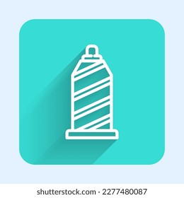 White line Sewing thread on spool icon isolated with long shadow. Yarn spool. Thread bobbin. Green square button. Vector Illustration