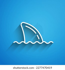 White line Shark fin in ocean wave icon isolated on blue background. Long shadow. Vector