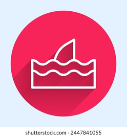 White line Shark fin in ocean wave icon isolated with long shadow. Red circle button. Vector