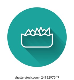 White line Sharp stone reefs protruding from the sea, a danger to sea ships and vessels icon isolated with long shadow background. Green circle button. Vector