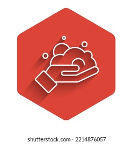 White line Shaving gel foam on hand icon isolated with long shadow background. Shaving cream. Red hexagon button. Vector