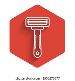 White line Shaving razor icon isolated with long shadow. Red hexagon button. Vector Illustration