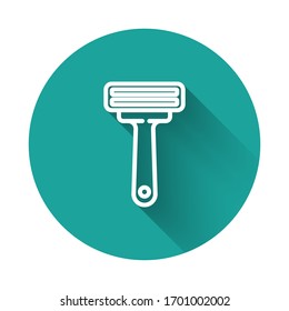 White line Shaving razor icon isolated with long shadow. Green circle button. Vector Illustration