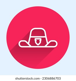 White line Sheriff hat with badge icon isolated with long shadow. Red circle button. Vector