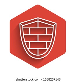 White line Shield with cyber security brick wall icon isolated with long shadow. Data protection symbol. Firewall logo. Network protection. Red hexagon button. Vector Illustration
