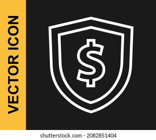 Escudo de línea blanca con icono de símbolo dólar aislado en fondo negro. Protección del escudo de seguridad. Concepto de seguridad monetaria.  Vector