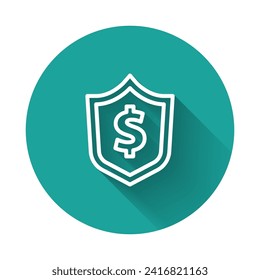 White line Shield with dollar symbol icon isolated with long shadow. Security shield protection. Money security concept. Green circle button. Vector