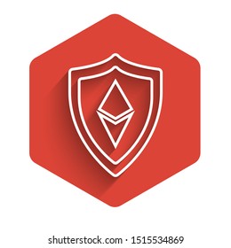 White line Shield Ethereum ETH icon isolated with long shadow. Cryptocurrency mining, blockchain technology, security, protect, digital money. Red hexagon button. Vector Illustration