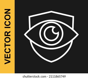 Escudo de línea blanca e icono ocular aislados en fondo negro. Seguridad, seguridad, protección, concepto de privacidad.  Vector