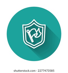 White line Shield with flag icon isolated with long shadow background. Victory, winning and conquer adversity concept. Green circle button. Vector