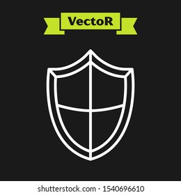 White line Shield icon isolated on black background. Guard sign. Security, safety, protection, privacy concept.  Vector Illustration