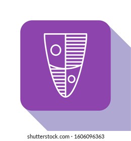 White line Shield icon isolated on white background. Guard sign. Security, safety, protection, privacy concept. Purple square button. Vector Illustration