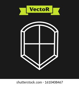 White line Shield icon isolated on black background. Guard sign. Security, safety, protection, privacy concept.  Vector Illustration
