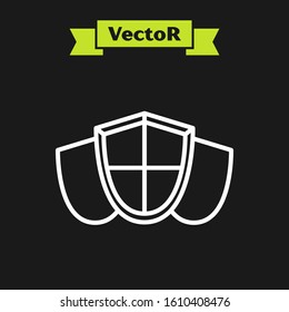 White line Shield icon isolated on black background. Guard sign. Security, safety, protection, privacy concept.  Vector Illustration