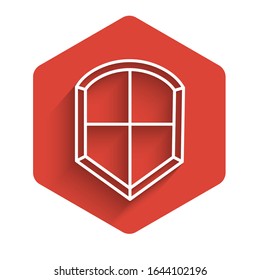 Icono de Escudo de línea blanca aislado con sombra larga. Signo de guardia. Seguridad, protección, concepto de privacidad. Botón hexágono rojo.  Ilustración vectorial