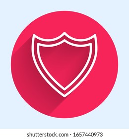 Weiße Linie Schild Symbol einzeln auf langen Schatten. Schutzschild. Sicherheit, Sicherheit, Schutz, Datenschutz Roter Kreis-Knopf. Vektorillustration-Illustration