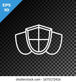 Icono de Escudo de línea blanca aislado en fondo oscuro transparente. Signo de guardia. Seguridad, protección, concepto de privacidad.  Ilustración vectorial