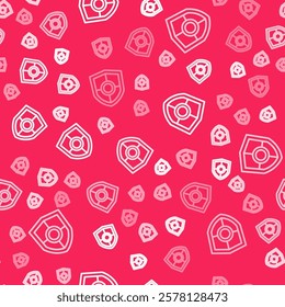 White line Shield icon isolated seamless pattern on red background. Guard sign. Security, safety, protection, privacy concept.  Vector