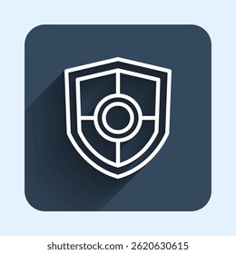 Ícone de Escudo de linha branca isolado com plano de fundo de sombra longa. Sinal de guarda. Segurança, proteção, conceito de privacidade. Botão quadrado azul. Vetor