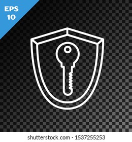 White line Shield with key icon isolated on transparent dark background. Protection and security concept. Safety badge icon. Privacy banner. Defense tag.  Vector Illustration