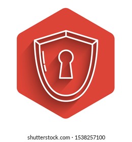 White line Shield with keyhole icon isolated with long shadow. Protection, security concept. Safety badge icon. Privacy banner. Defense tag. Red hexagon button. Vector Illustration