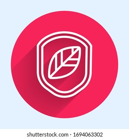 White line Shield with leaf icon isolated with long shadow. Eco-friendly security shield with leaf. Red circle button. Vector Illustration