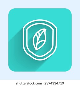 White line Shield with leaf icon isolated with long shadow. Eco-friendly security shield with leaf. Green square button. Vector Illustration