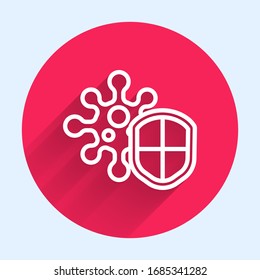 White line Shield protecting from virus, germs and bacteria icon isolated with long shadow. Immune system concept. Corona virus 2019-nCoV. Red circle button. Vector Illustration
