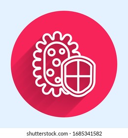 White line Shield protecting from virus, germs and bacteria icon isolated with long shadow. Immune system concept. Corona virus 2019-nCoV. Red circle button. Vector Illustration