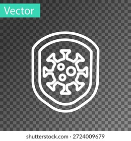 Linha branca Escudo protegendo contra vírus, germes e bactérias ícone isolado no fundo transparente. Conceito de sistema imunitário. Corona virus 2019-nCoV.  Vetor