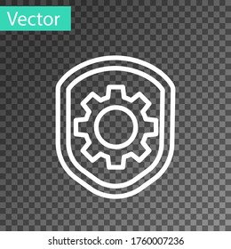 White line Shield with settings gear icon isolated on transparent background. Adjusting, service, maintenance, repair, fixing. Vector Illustration